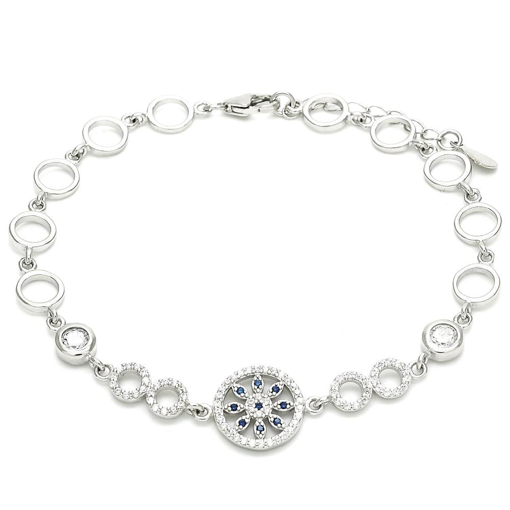 Stylish silver bracelet with alternating open and rhinestone-set circle links, highlighted by a central sapphire-accented medallion for a refined look.