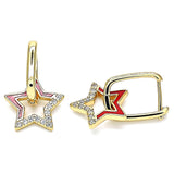 Whimsical gold-plated star-shaped drop earrings with red and pink enamel detailing and rhinestone accents, offering playful elegance.
