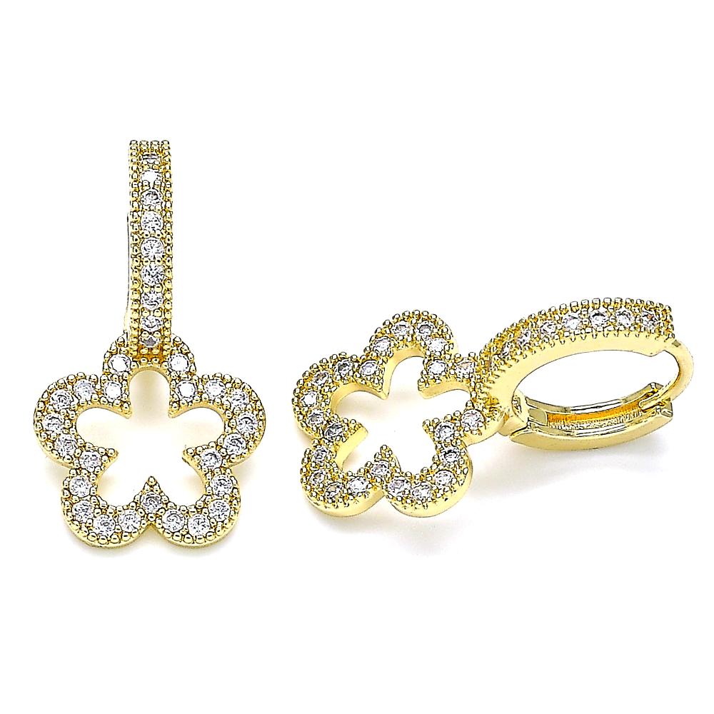 Delicate gold drop earrings featuring open flower silhouettes encrusted with small silver crystals, blending boho charm with sparkle.