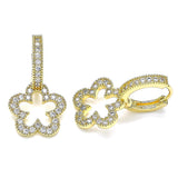 Delicate gold drop earrings featuring open flower silhouettes encrusted with small silver crystals, blending boho charm with sparkle.