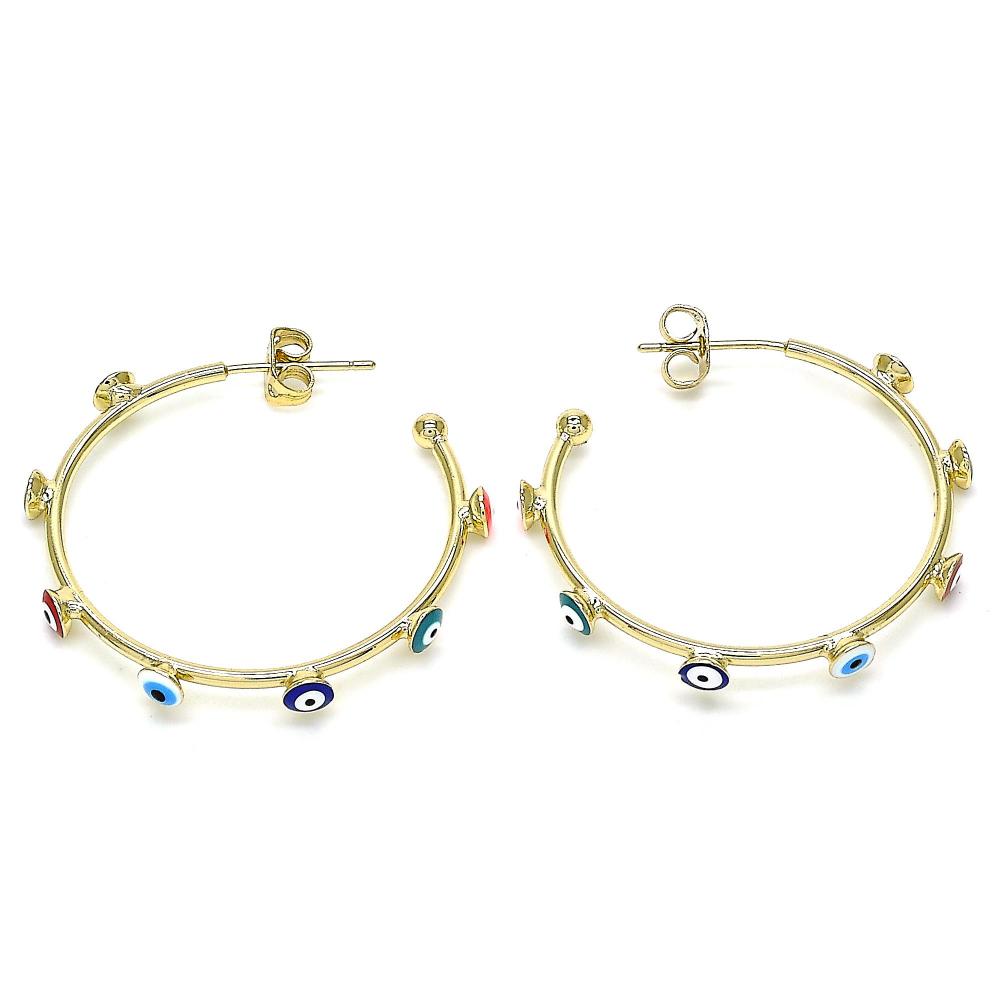 Set of chunky evil eye textured gold hoop earrings, ideal for bold and fashion-forward styling.
