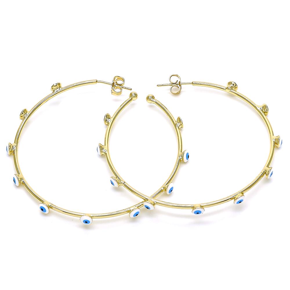 Set of evil eye gold hoop earrings, ideal for bold and fashion-forward styling.