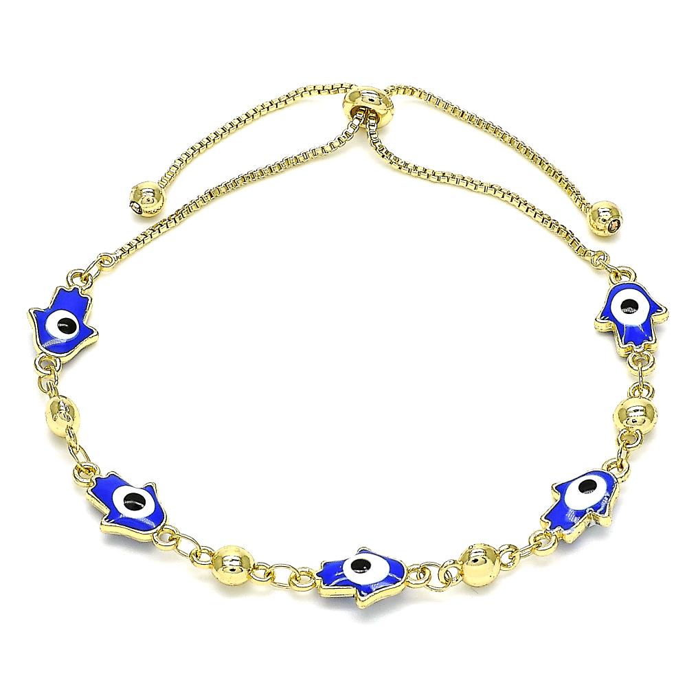 Blue evil eye bracelet with delicate gold hardware, adding a pop of color and sparkle to any wrist stack.