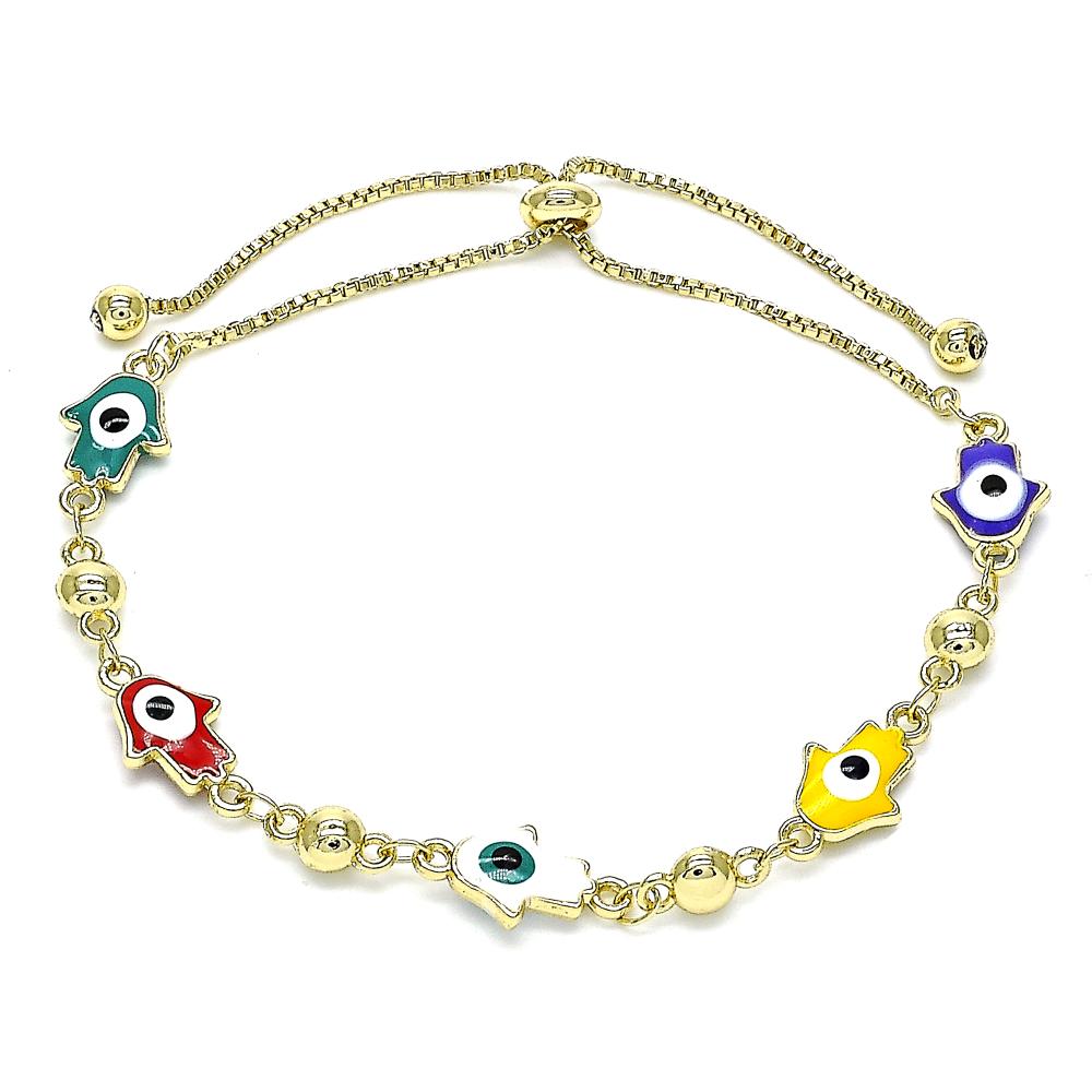 Dainty bracelet with multicolored beads and butterfly charms on a gold chain, perfect for layering or gifting.