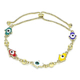 Dainty bracelet with multicolored beads and butterfly charms on a gold chain, perfect for layering or gifting.
