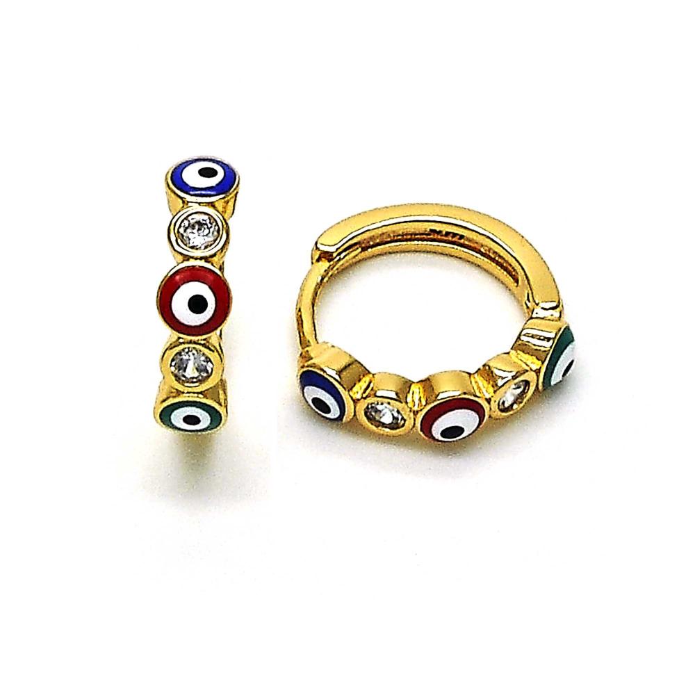Compact gold-plated huggie hoops detailed with alternating colorful enamel evil eyes and clear rhinestones, ideal for everyday wear with symbolic flair.