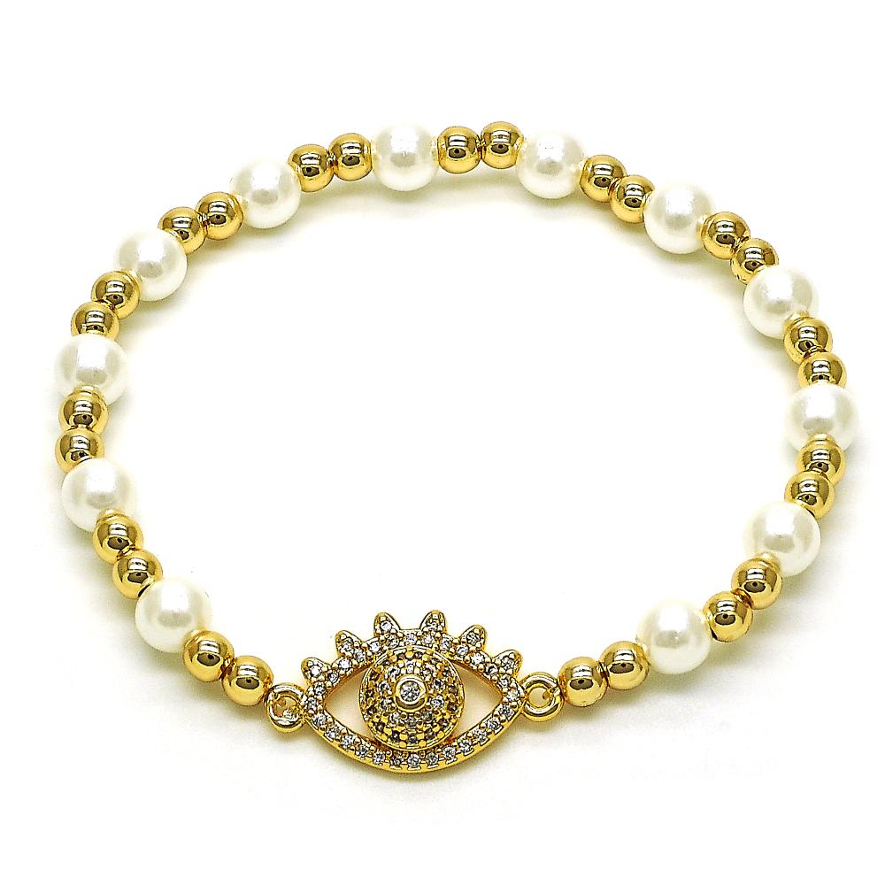 Elegant bracelet featuring alternating faux pearls and gold beads with a central gold evil eye charm embellished with clear rhinestones, designed for both style and protection.