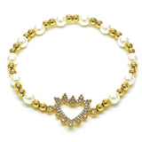 Romantic bracelet with alternating faux pearls and gold beads, centered with a rhinestone-studded open heart charm, perfect for gifting or layering.
