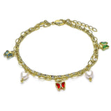Playful gold chain anklet adorned with colorful butterfly charms and dangling faux pearl drops, offering a whimsical, summery touch to your jewelry collection.