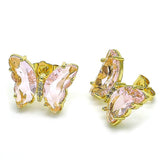 Pink and gold and butterfly earrings with rhinestone detail, perfect for romantic and girly outfits.