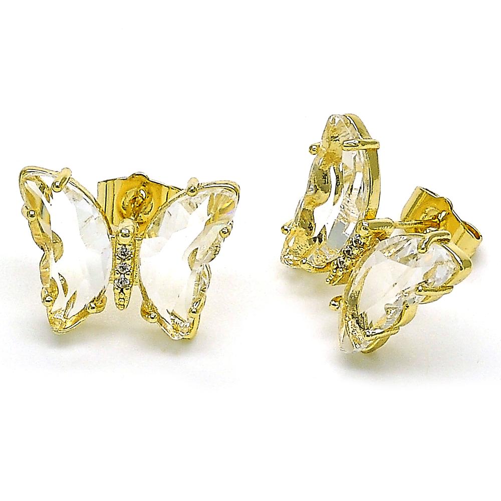 Gold butterfly stud earrings with clear rhinestones, offering a sparkling, delicate design for whimsical accessorizing.