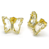Gold butterfly stud earrings with clear rhinestones, offering a sparkling, delicate design for whimsical accessorizing.