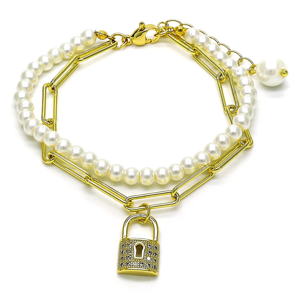 Chic double-strand bracelet combining faux pearls and gold paperclip chain, finished with a sparkling gold padlock charm for a trendy layered look.