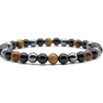 Stretch bracelet for with alternating black onyx and tiger eye beads for grounding and strength.
