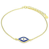 Gold chain bracelet with a central blue enamel evil eye charm for warding off negativity in style.