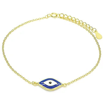 Gold chain bracelet with a central blue enamel evil eye charm for warding off negativity in style.