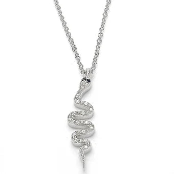 Silver chain necklace with a snake-shapedcrystal pendant, offering elegance and sparkle in one design.