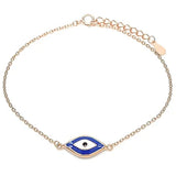 Dainty rose gold chain bracelet with a blue evil eye charm, perfect for protection and layering.
