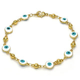 Beaded gold bracelet with turquoise accents and a central evil eye charm for a pop of color and protection.