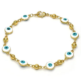 Beaded gold bracelet with turquoise accents and a central evil eye charm for a pop of color and protection.