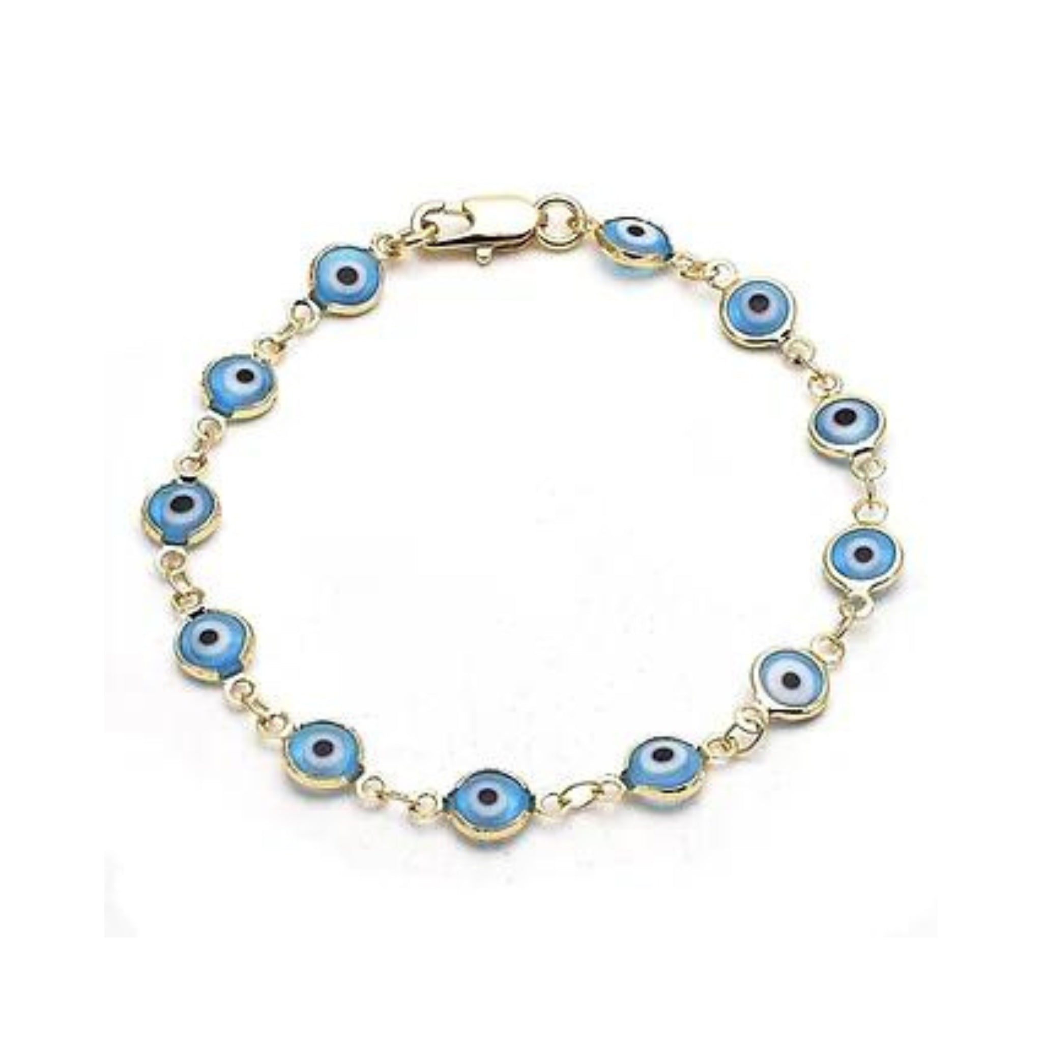 blue evil eye bracelet on white background