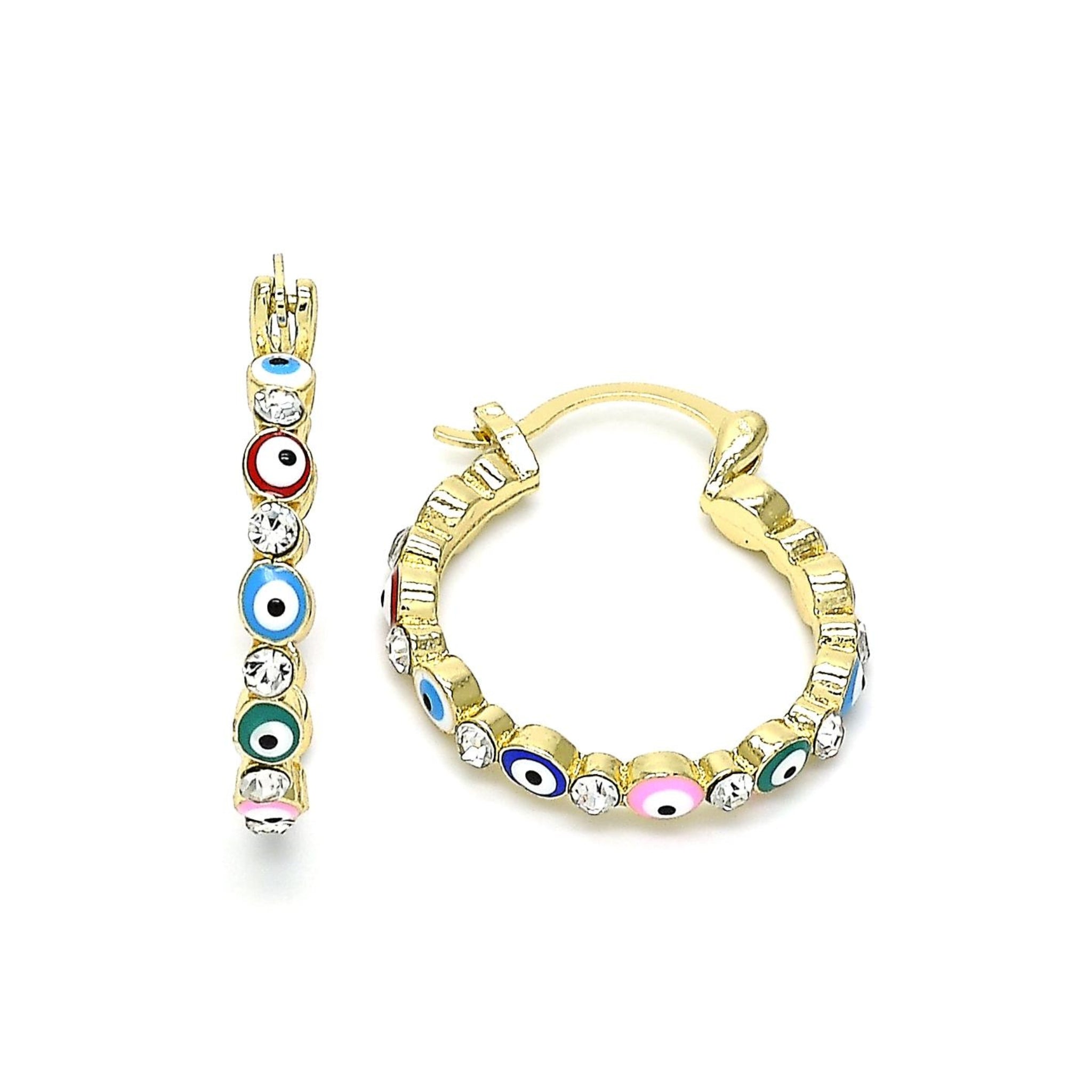 Gold-plated hoop earrings adorned with colorful enamel evil eye charms and clear rhinestones, offering a bold and protective accessory for everyday wear.