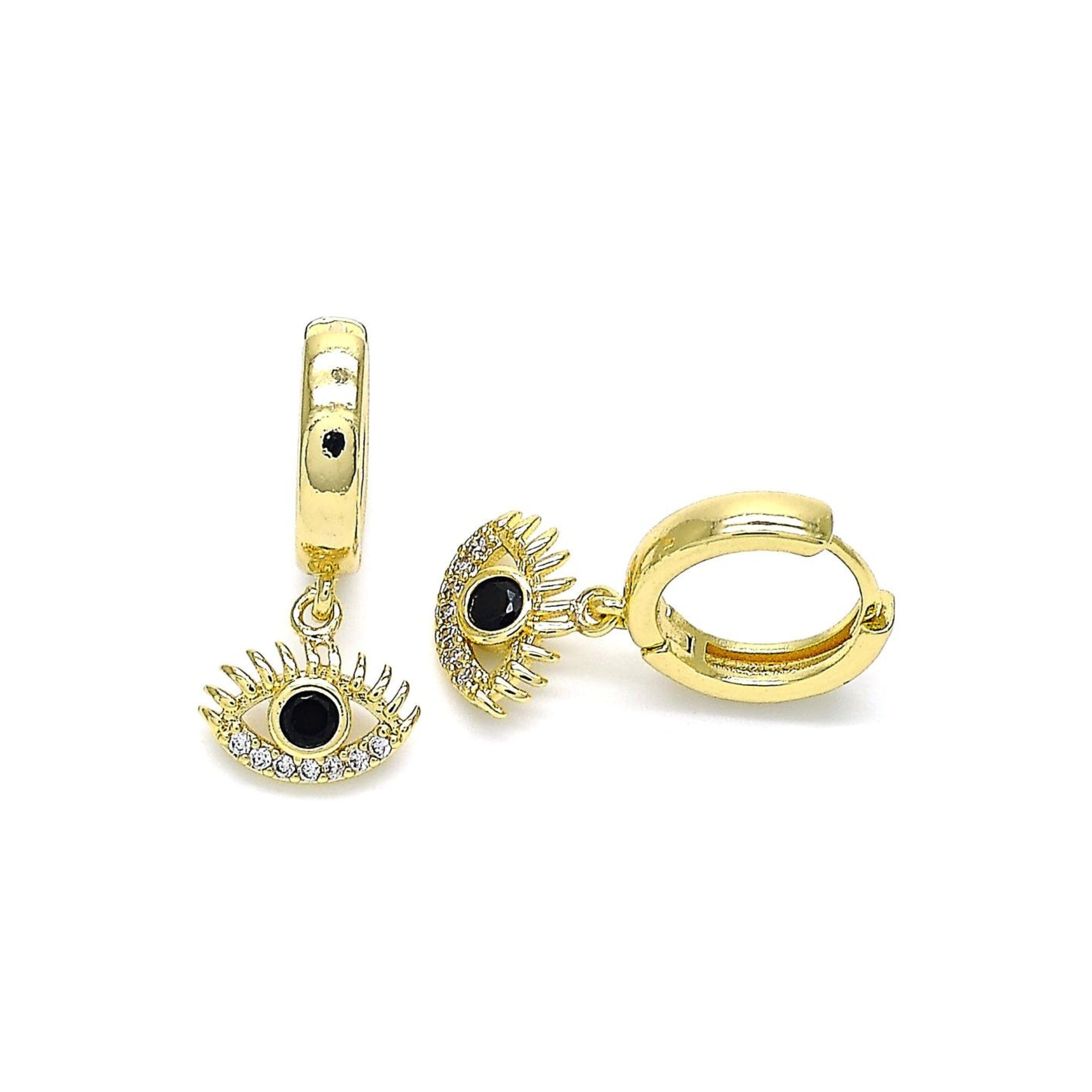 gold evil eye hoop earrings on white background