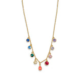 Gold chain necklace adorned with small colorful teardrop pendants, ideal for playful layering.