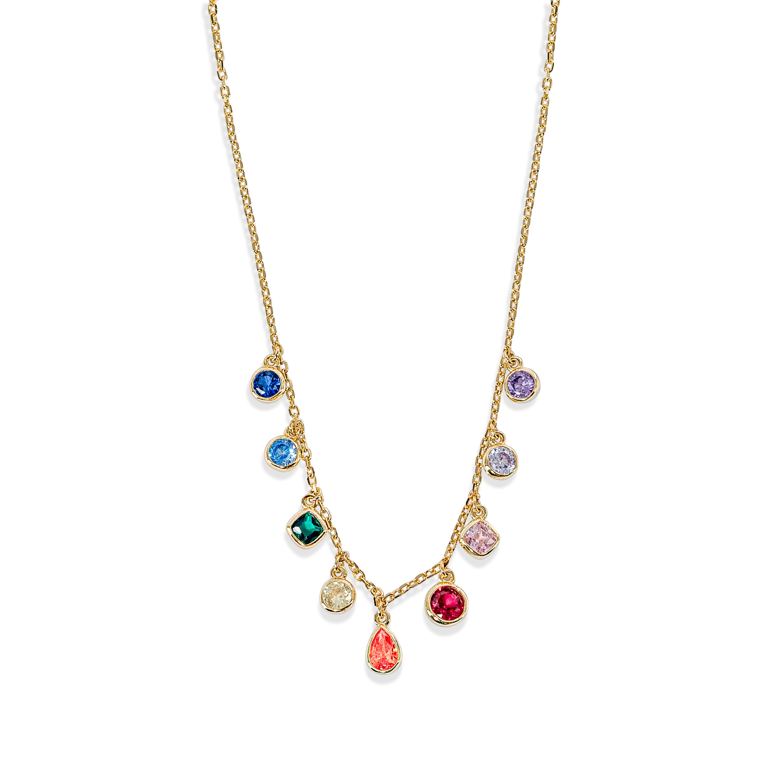 Gold chain necklace adorned with small colorful teardrop pendants, ideal for playful layering.