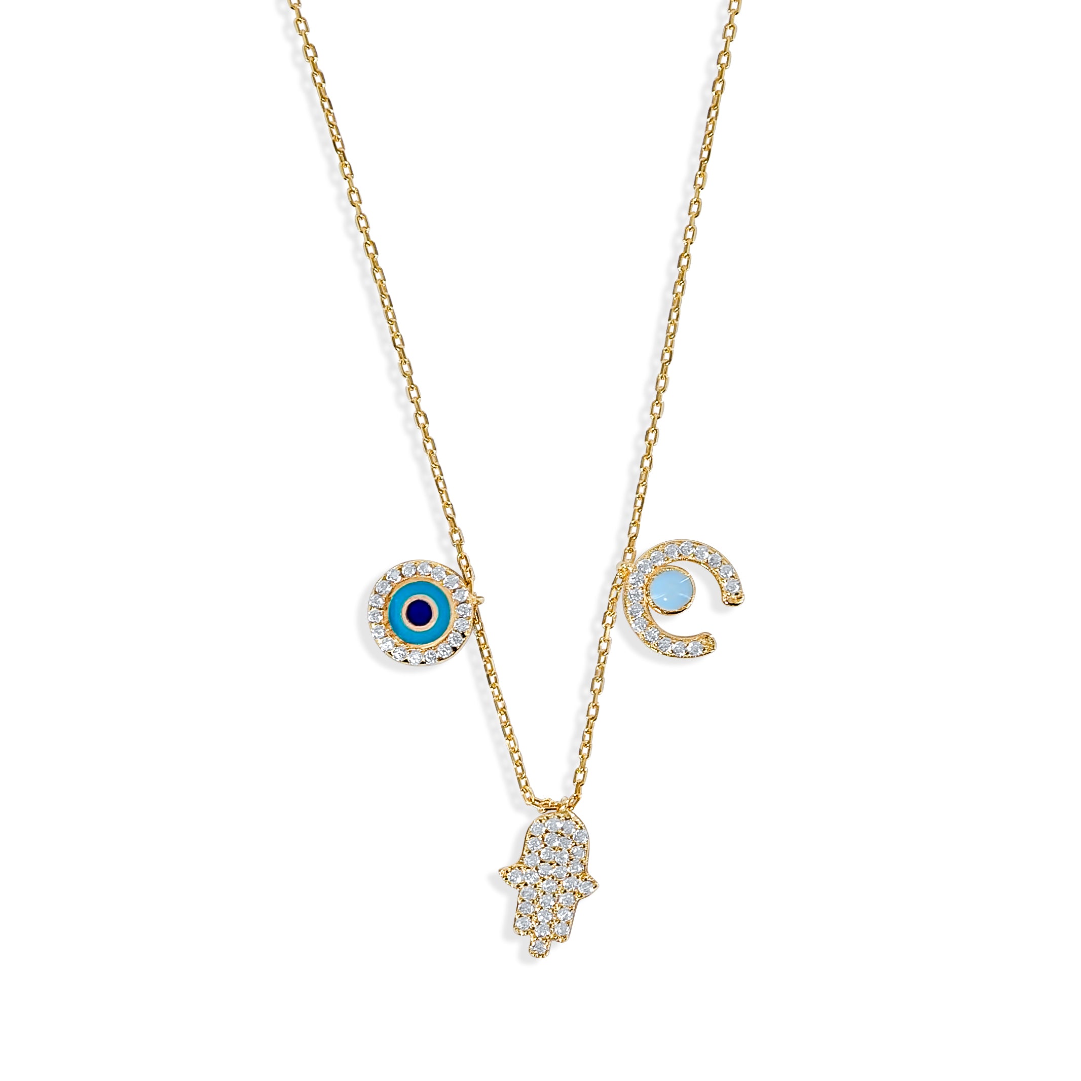 Mixed metal necklace featuring a gold chain and silver evil eye pendant with sparkling crystal detail.