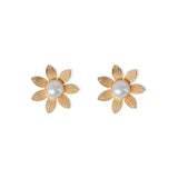 Textured gold flower stud earrings featuring radiant faux pearl centers, blending natural elegance with vintage charm.