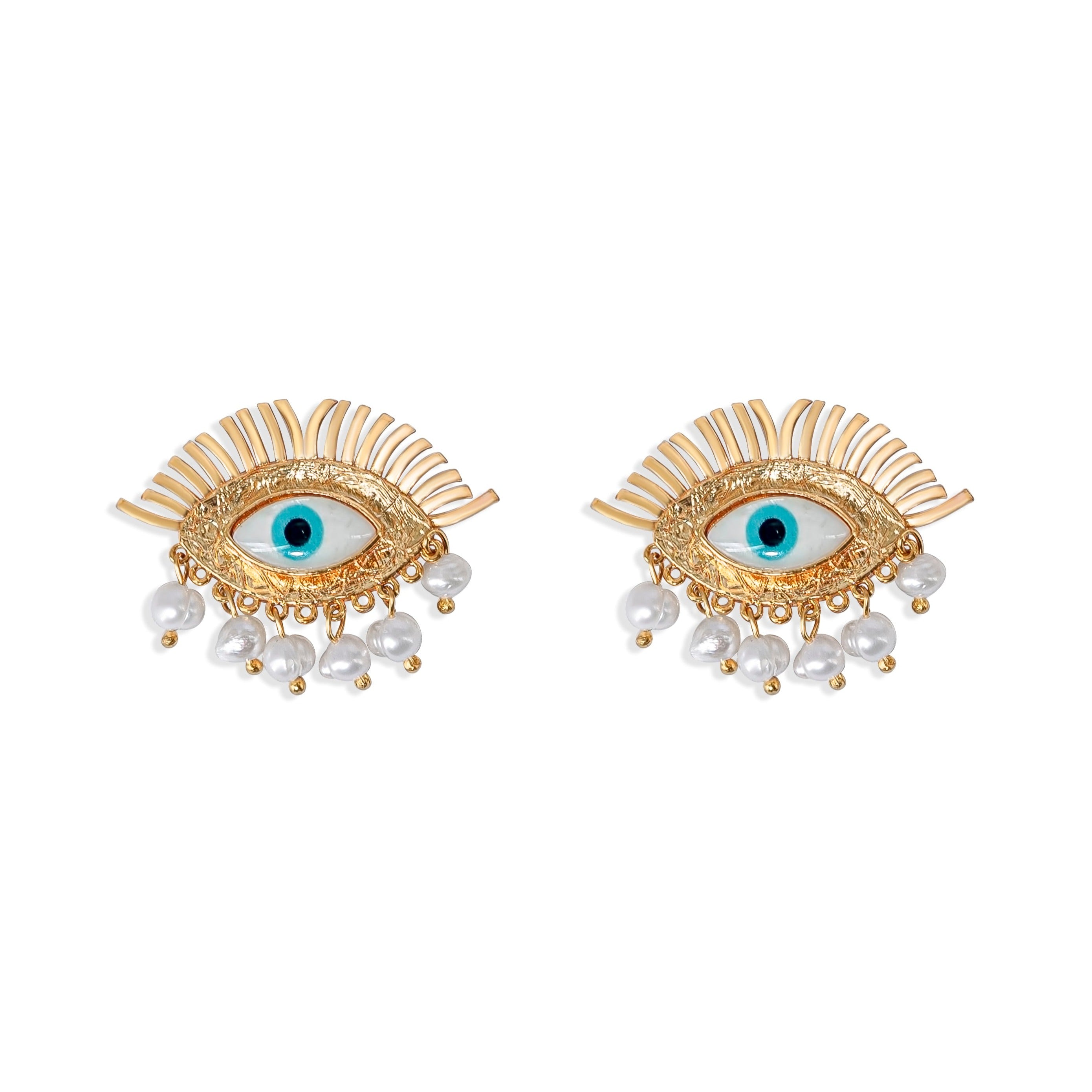 Gold eye-shaped earrings with blue evil eye centers, featuring cascading pearl drop details for a bold and protective statement look.