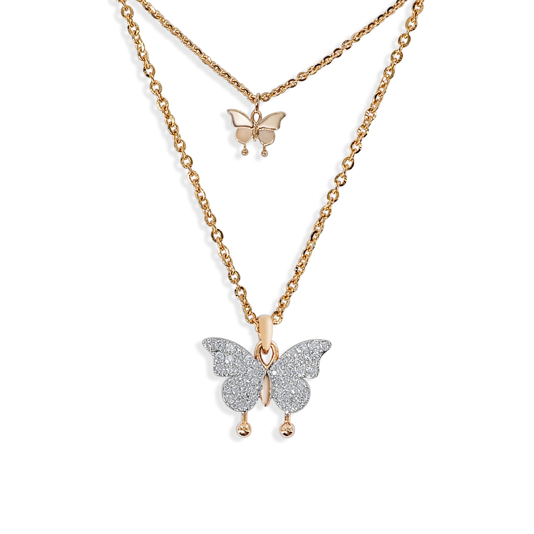 Layered gold necklace featuring two butterfly pendants—one small and gold, the other larger and encrusted with shimmering pavé crystals—for a feminine and whimsical touch.