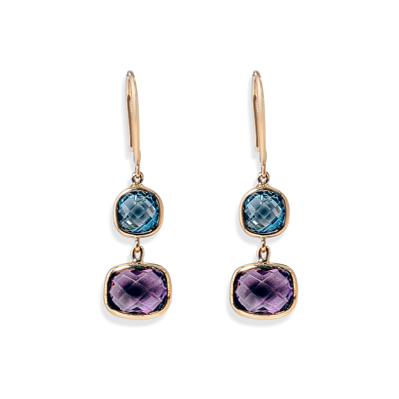 Colorful gemstone drop earrings with multi-toned round crystals in a gold setting, vibrant and bold.