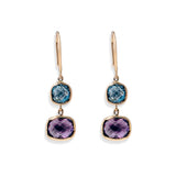 Colorful gemstone drop earrings with multi-toned round crystals in a gold setting, vibrant and bold.