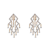 Glamorous chandelier earrings with geometric diamond-shaped frames and cascading crystal chain drops, designed to sparkle with every movement.