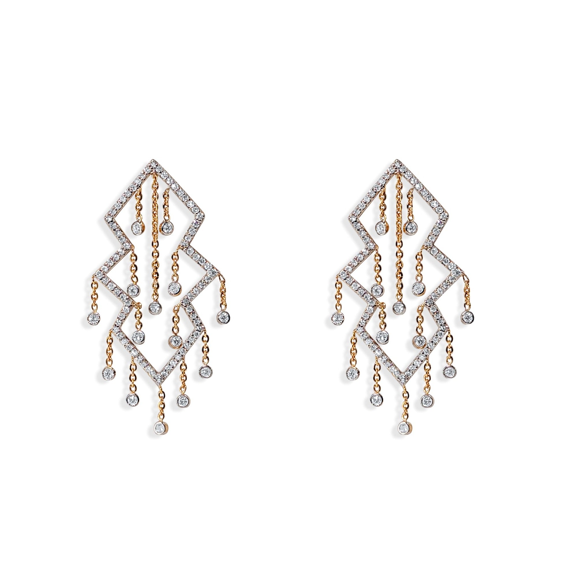 Glamorous chandelier earrings with geometric diamond-shaped frames and cascading crystal chain drops, designed to sparkle with every movement.