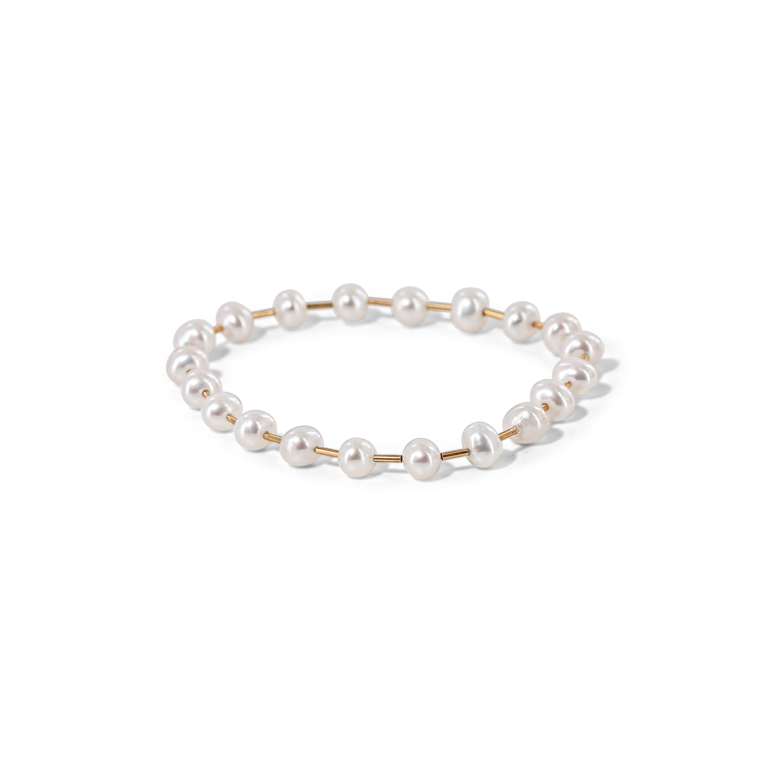 Stretch ring made of glossy faux pearls, timeless and easy to stack or wear solo.