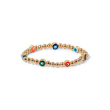 Stackable gold bracelet featuring tiny multicolored evil eye designs for stylish, protective energy.