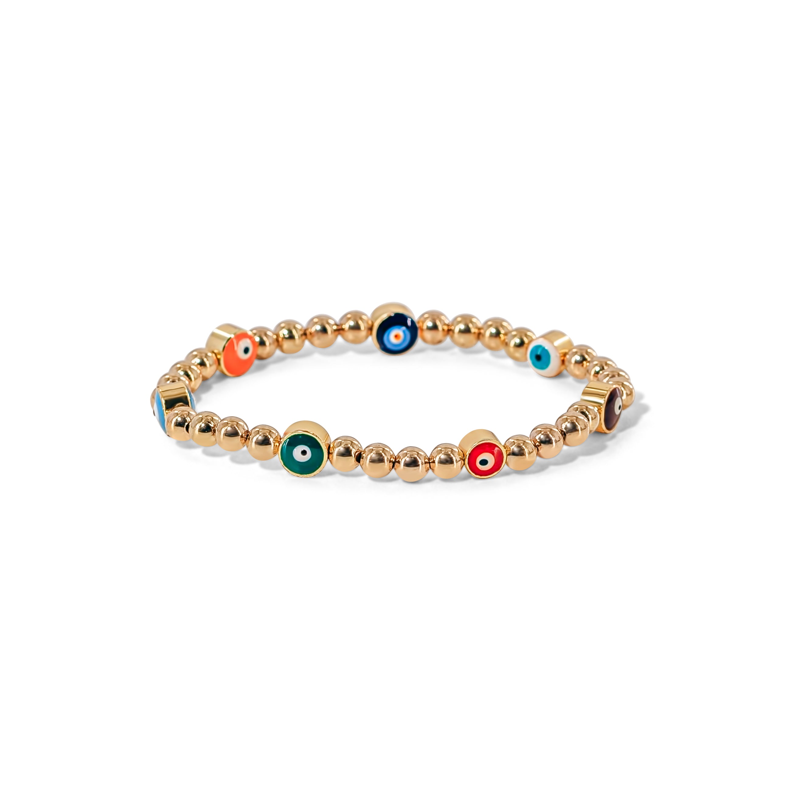 Stackable gold bracelet featuring tiny multicolored evil eye designs for stylish, protective energy.