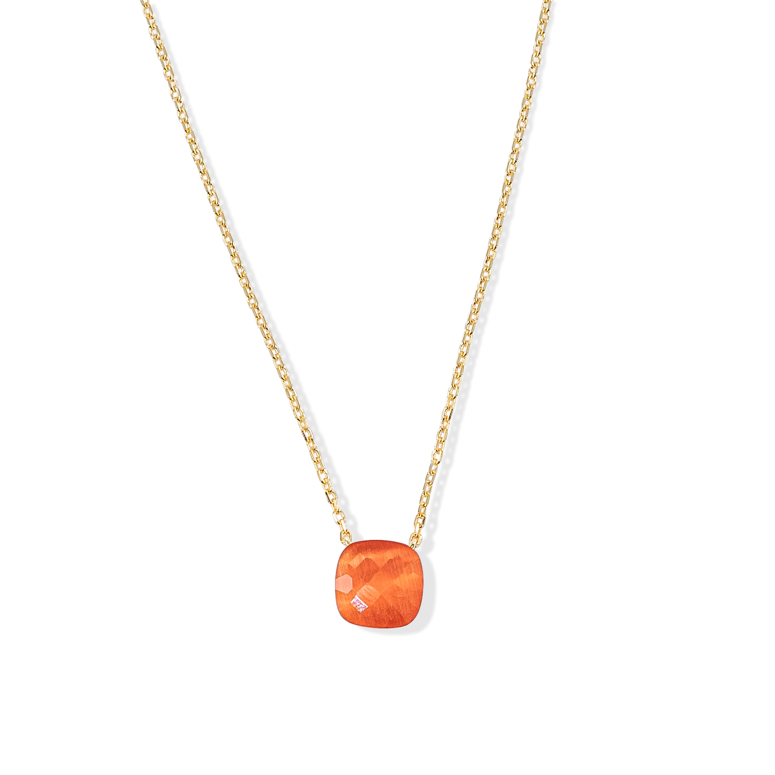 Minimalist gold necklace with a square orange gemstone pendant, adding a pop of color to any look.