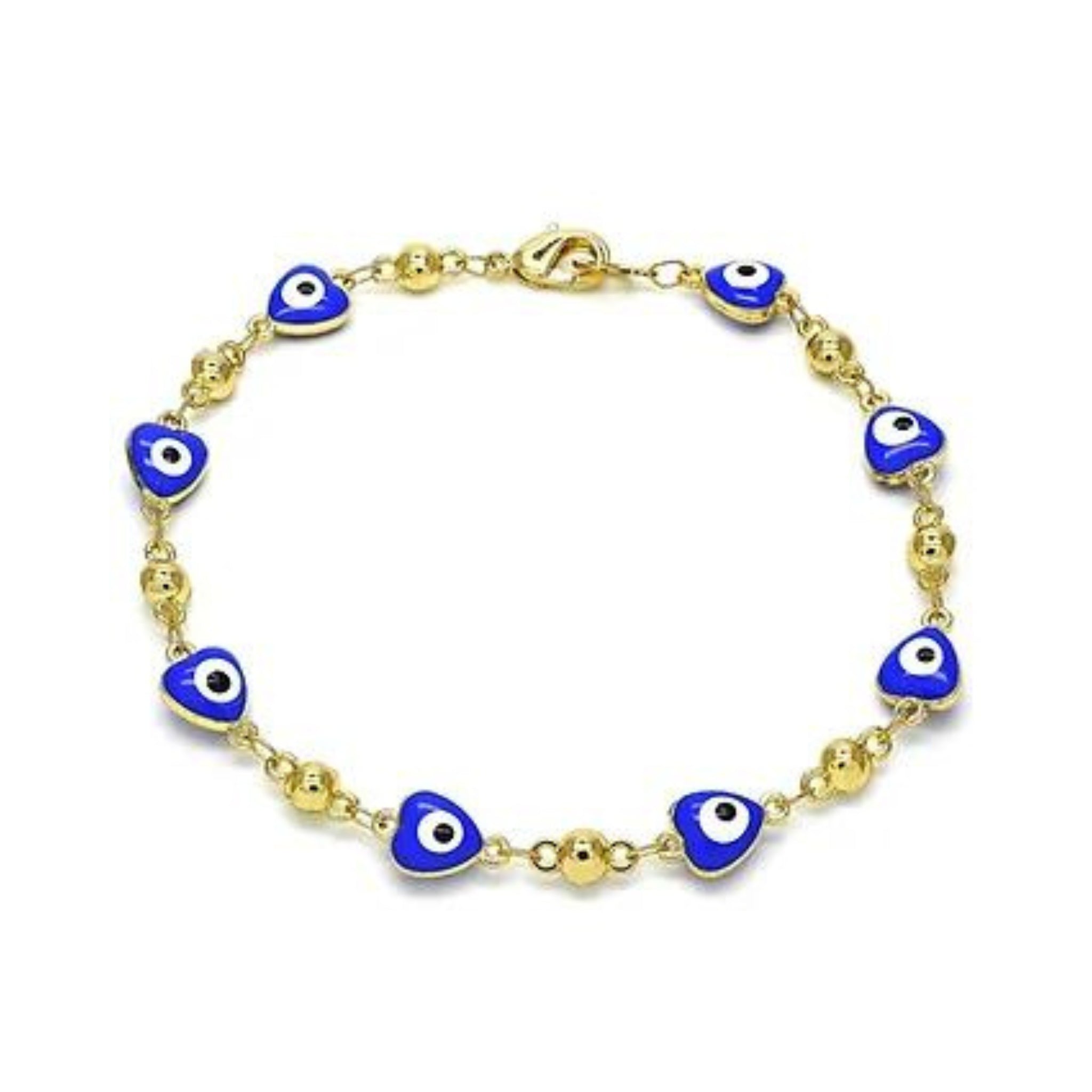 GoldBeadHeartEvilEyeBracelet.jpg: Gold bead heart bracelet with evil eye charm for protection