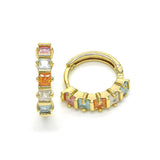 GoldFilled Huggie hoops on white background with multi color gemstones