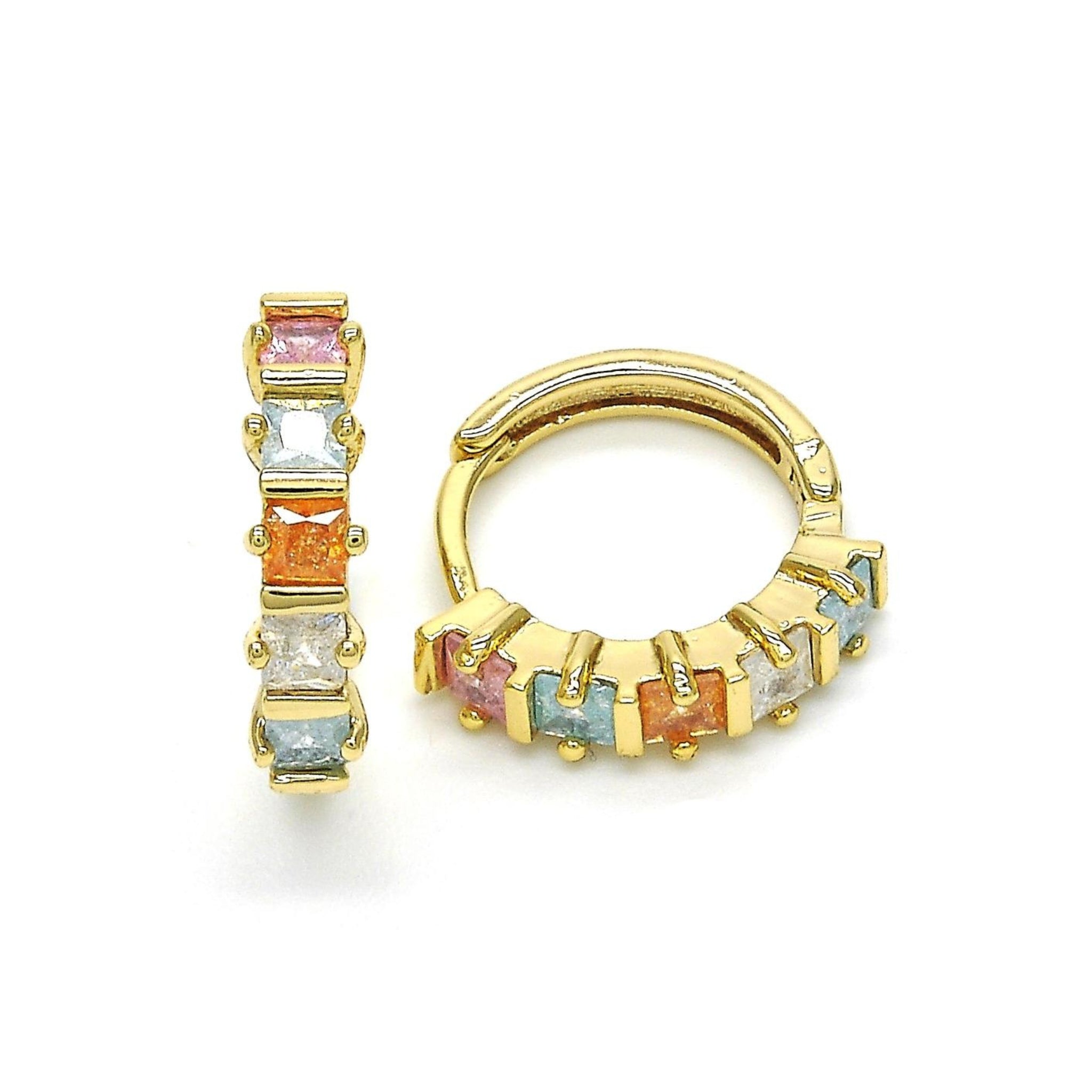 GoldFilled Huggie hoops on white background with multi color gemstones