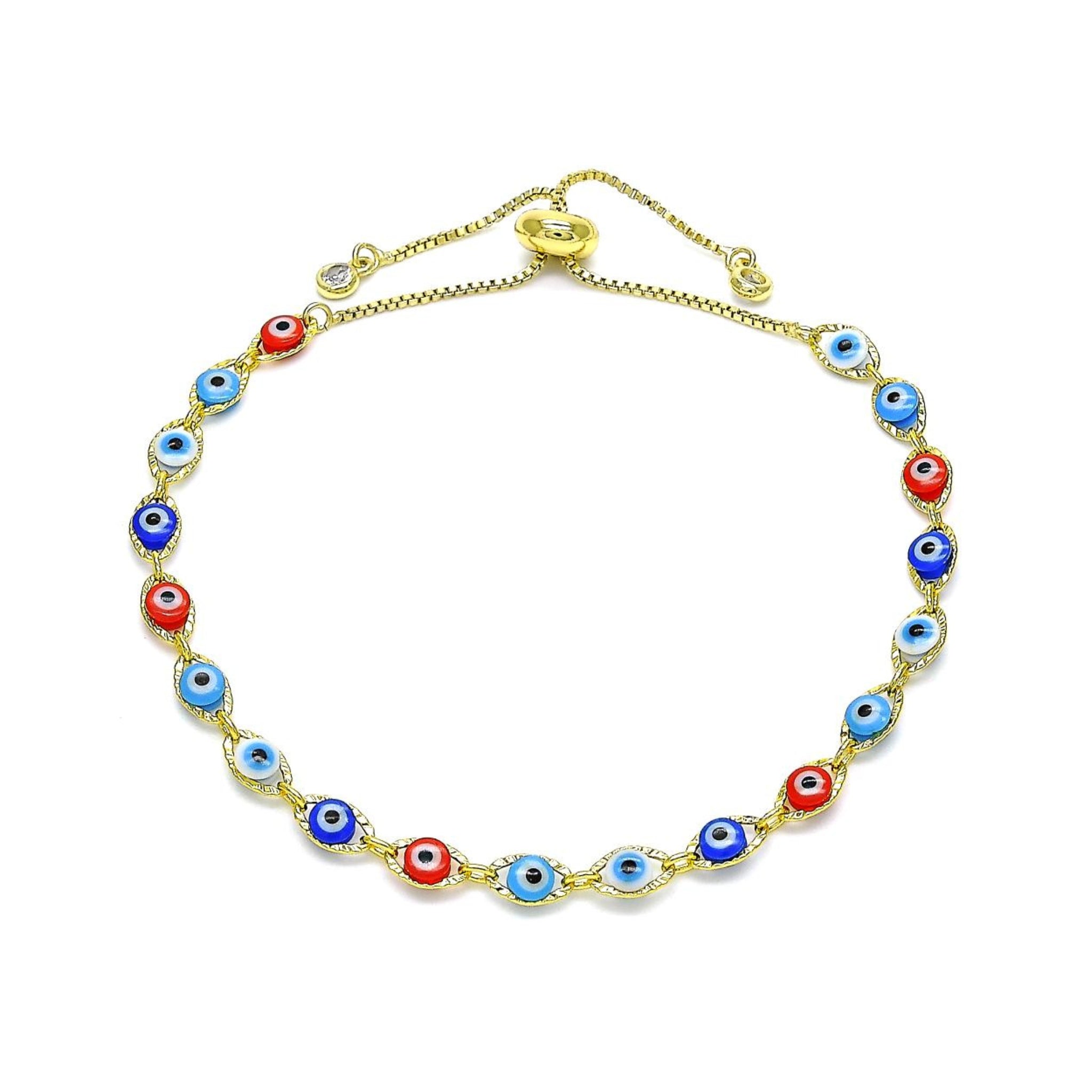 GoldBeadHeartEvilEyeBracelet.jpg: Gold bead heart bracelet with evil eye charm for protection