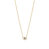 gold evil eye pendant on gold chain with blue stone on white background