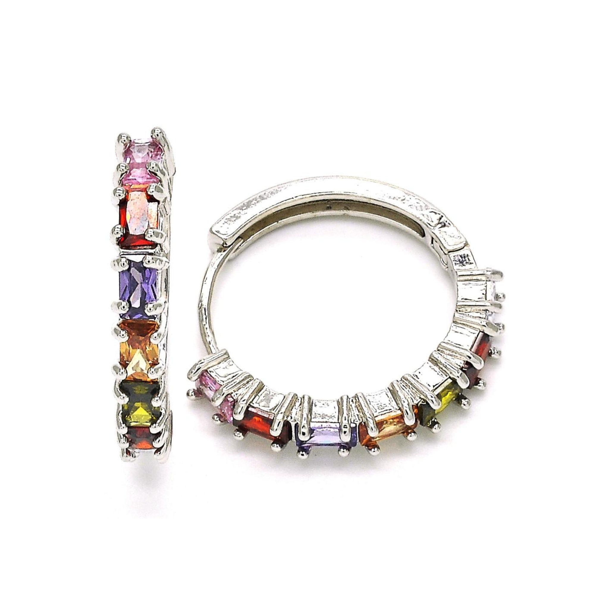 RainbowCrystalHuggieHoops.jpg: Colorful rainbow crystal huggie hoop earrings with gold accents