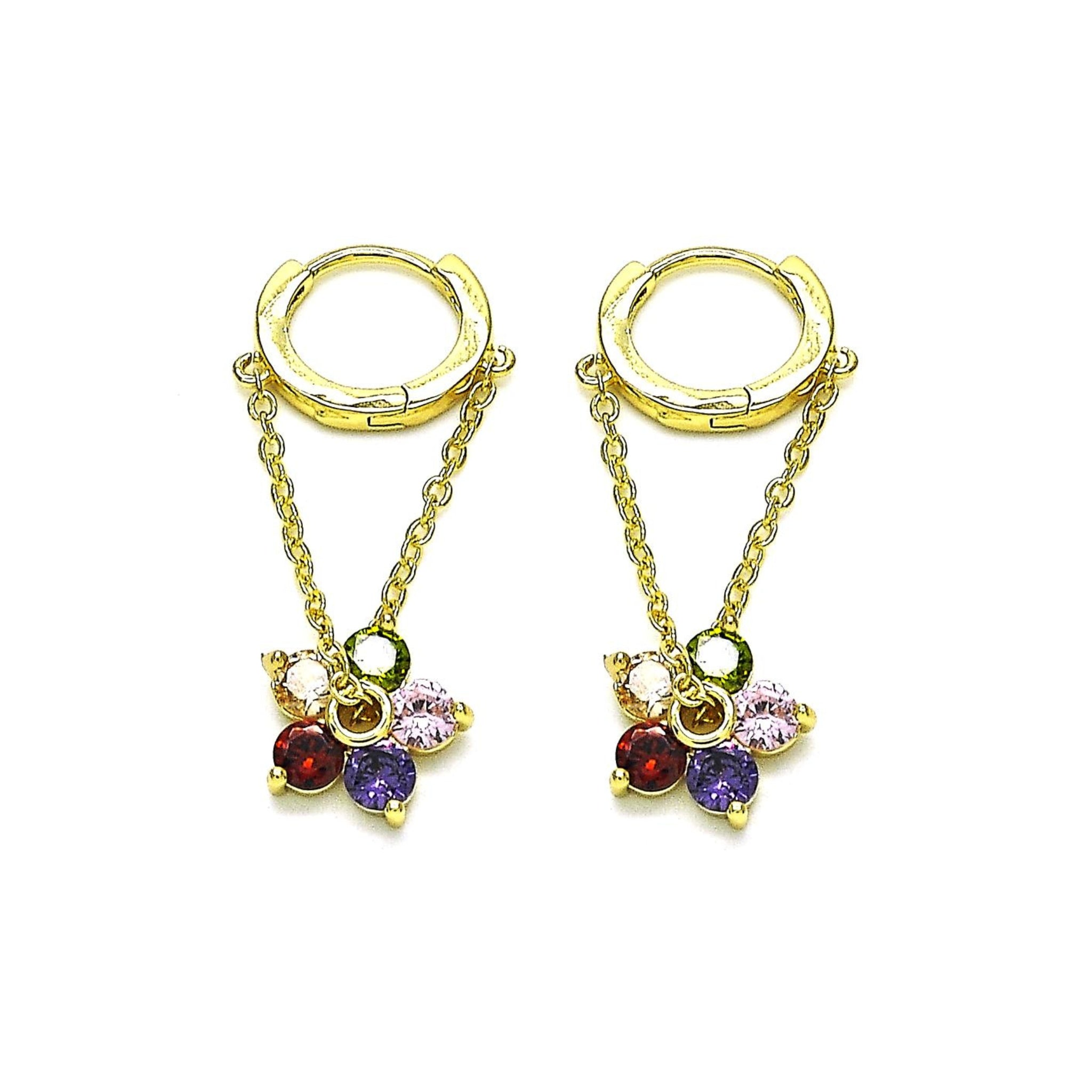 gold dangle flower earrings multicolor gemstones on white background