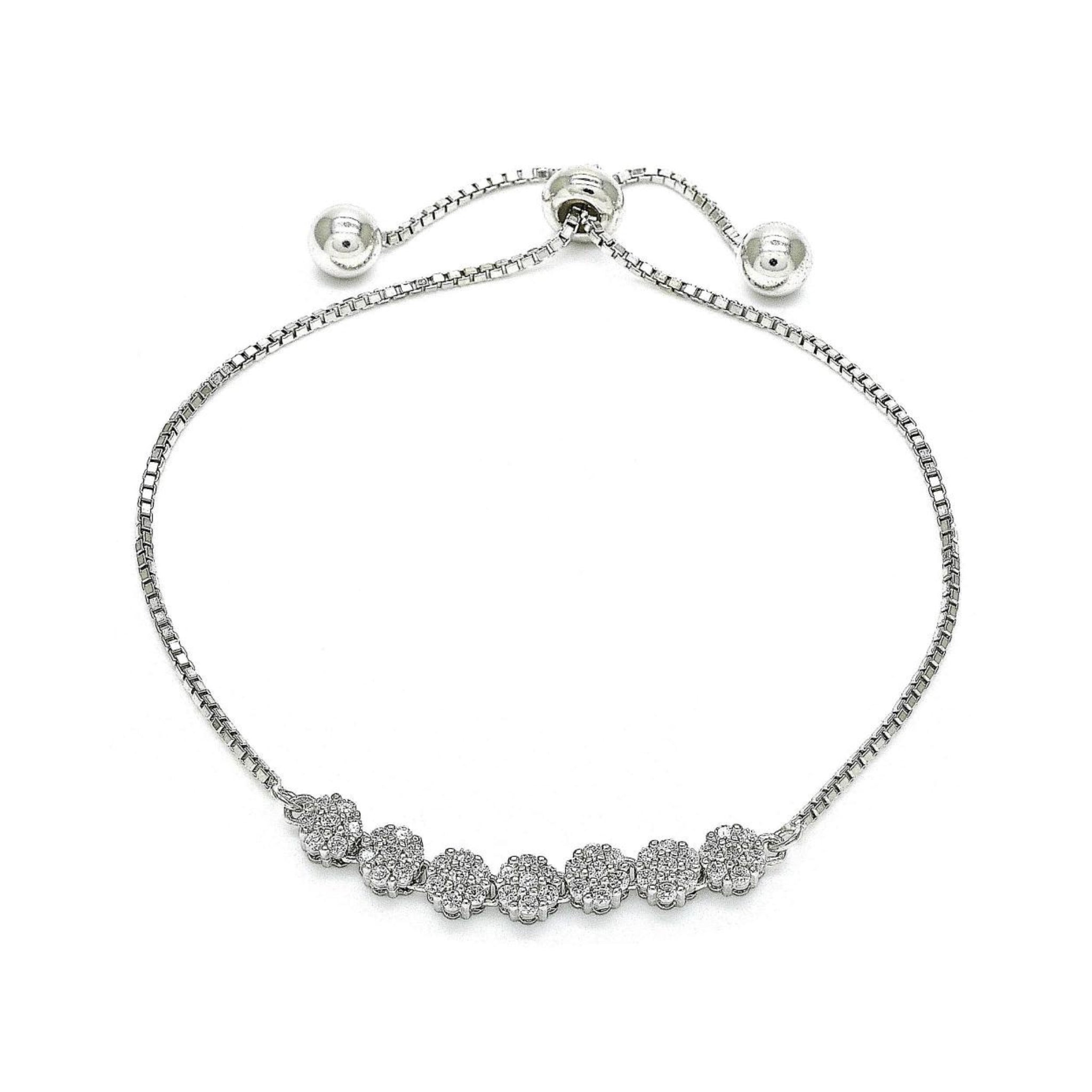Silver flower adjustable bolo bracelet on white background