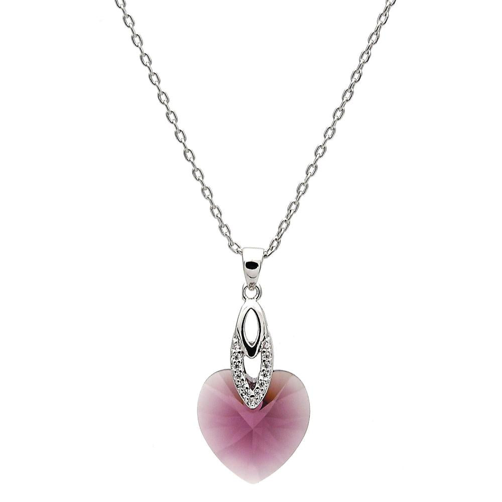 Delicate silver chain necklace with a faceted pink crystal heart pendant and rhinestone-accented bail, ideal for romantic and feminine styling.